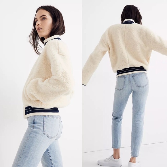 Madewell Sherpa Varsity Bomber Jacket Boxy Teddy Cream Small - Picture 8 of 9